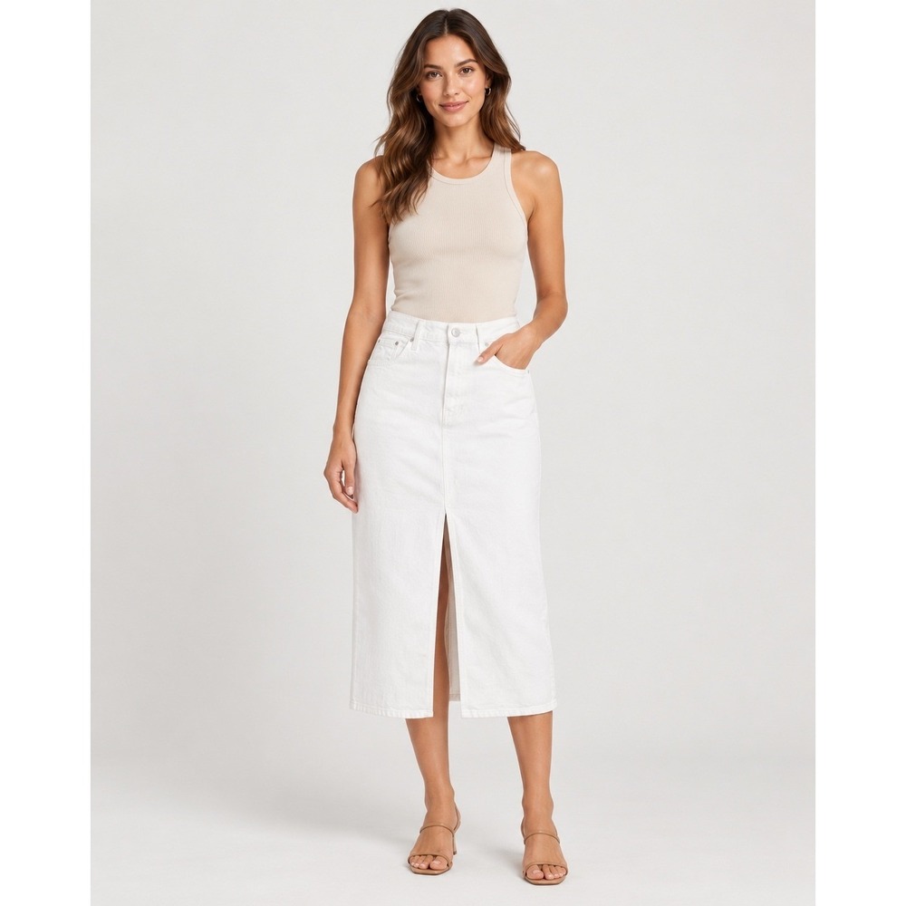 Mother Superior The Front Slit Vagabond Midi Skirt Size 34 White Denim Stretch